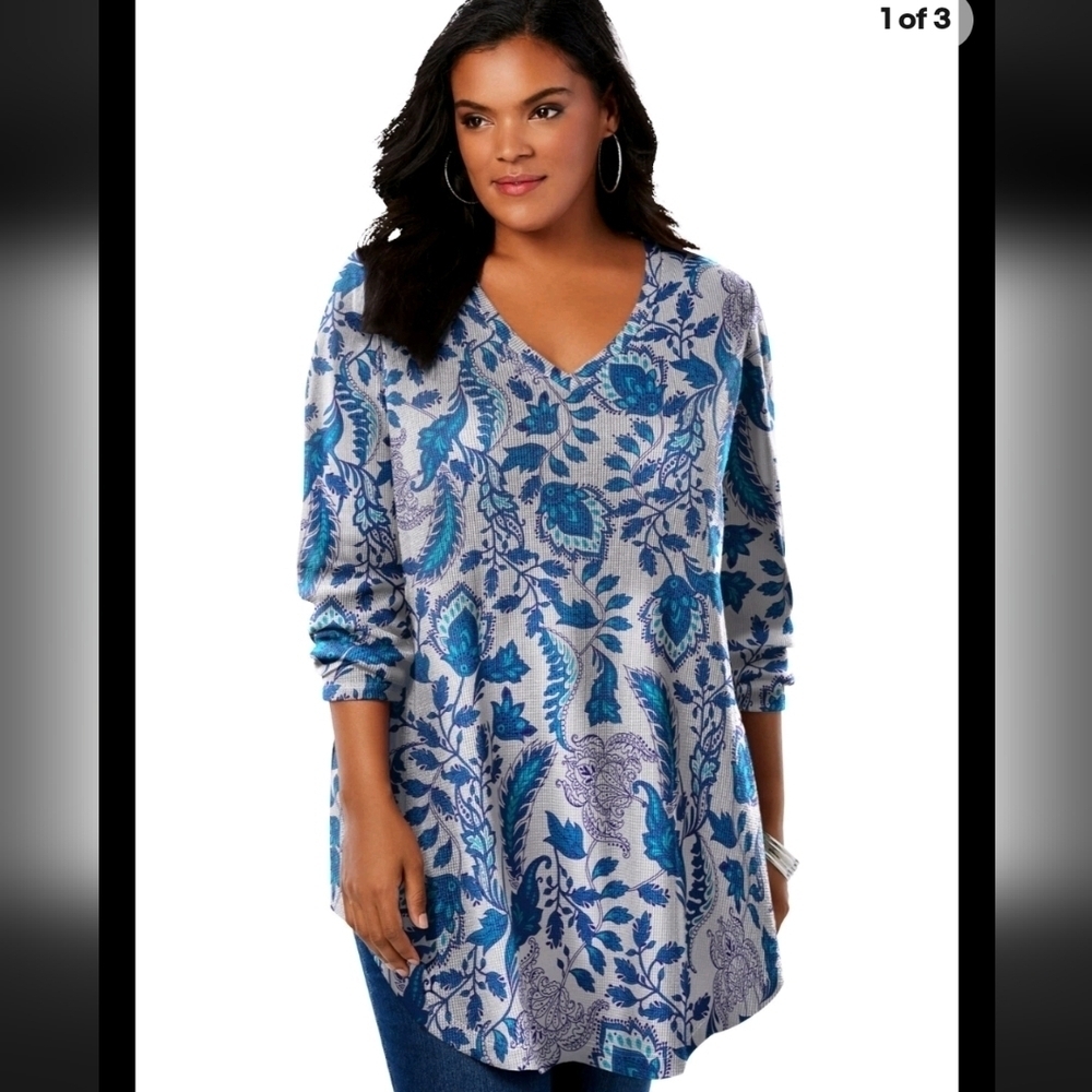 Roaman's Woman Within Folk Paisley Plus Thermal Tunic Grey Blue Teal Sz 22/24 1X